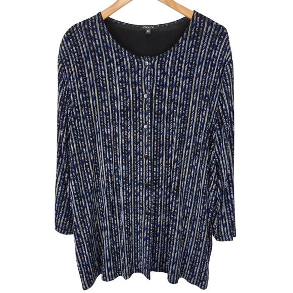 Vikki Vi Blue Stripe Button Up Tunic Top 2X Long Sleeve Slinky Travel Career - Picture 1 of 11
